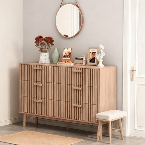 Commode 6 Tiroirs, Meuble de rangement, Buffet Salon en Bois, Armoire Chambre, Couleur naturelle, 100x34x73cm