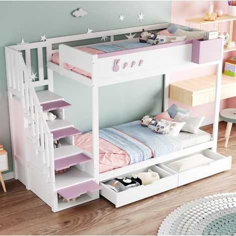 Etagenbett Kinderbett verspielt 90x200 cm, Holz Weiß/Rosa, mit Sicherheitsgeländer, Schubladen und abnehmbarem Ablagefach (1/5)