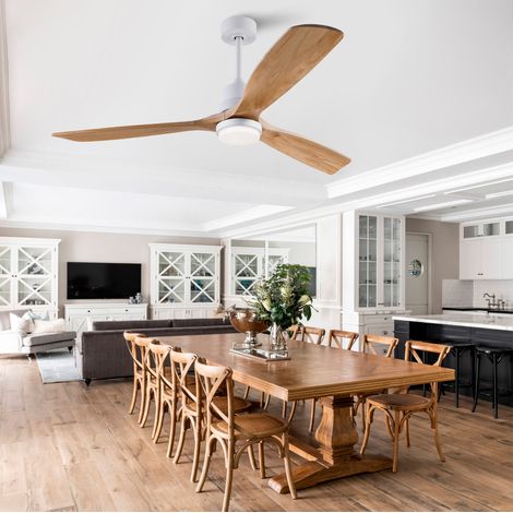 Ventilador de techo de 60 pulgadas, con mando a distancia, 6 velocidades, motor DC reversible, madera maciza, blanco natural (1/5)