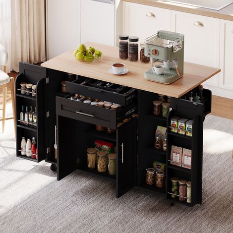 Îlot de cuisine 136x70x92 cm noir et naturel en MDF avec plateau extensible, roulettes et rangements (1/5)