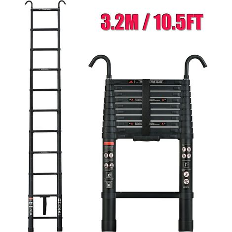 3,2M / 10.5ft Teleskopleiter mit Haken, Aluminium Ausziehleiter Rutschfester Klappleiter Mehrzweckleiter aus Hochwertiges Aluminium mit EIN-Knopf-Rückzug 330lb Belastbarkeit