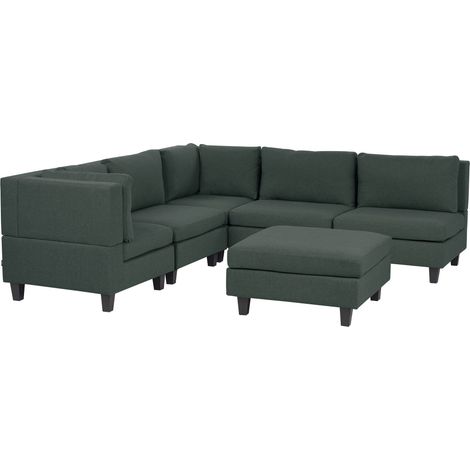 Divano componibile a 5 posti imbottito lato destro in tessuto verde scuro con gambe nere e pouf Unstad
