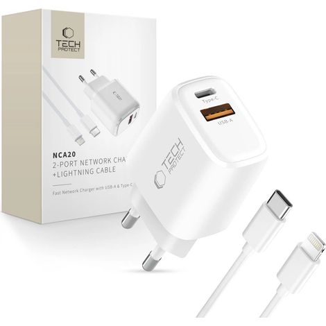 Tech-Protect NCA20 PD 20W QC3.0 USB-A/USB-C-Wandladegerät + USB-C/Lightning-Kabel 100cm – Weiß