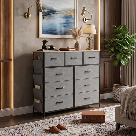 Creahappy Commode Chiffonnier Tissu 9 Tiroirs 98.8x30x100 cm - Rangement Gain de Place - Structure Métal et Plateau Bois - Gris (1/5)