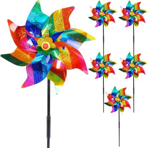 Lot de 5 Éoliennes Anti-Oiseaux pour Jardin, Moulin à Vent Réfléchissant avec Rayures Colorées, Décoration Lumineuse pour Balcon, Ferme, Pelouse et Verger (1/5)