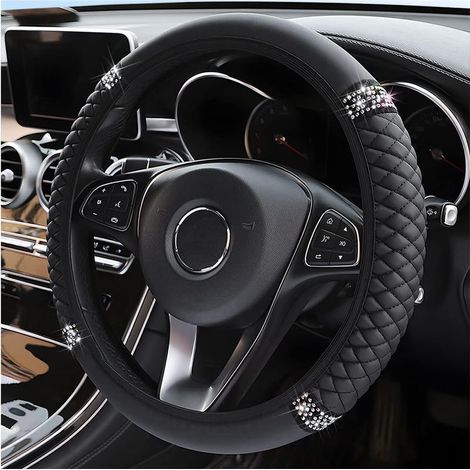 Housses de volant de voiture cuir Bling, housse de volant universel 37-38cm strass antidérapant respirant sans anneau intérieur accessoires intérieurs de voiture noir (1/5)