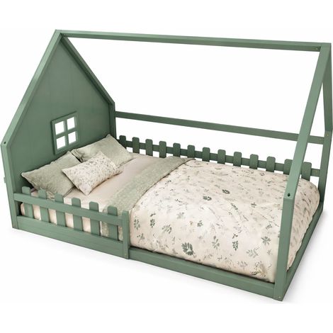 Hausbett 140×200 cm, Kinderbett 2 Plätze mit Rausfallschutz, ohne Matratze, aus Kiefernholz und MDF, Grün (1/5)