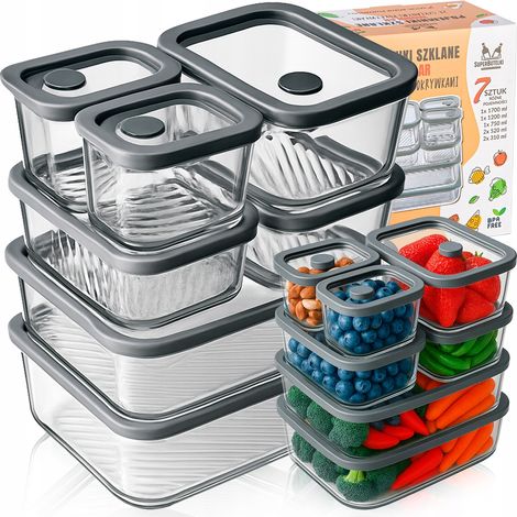 Modulare Glasbehälter (7 Stück) - 2x 310 ml + 2x 520 ml + 1x 750 ml + 1x 1200 ml + 1x 1700 ml mit Glasdeckeln