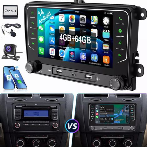 Pour VW Golf 5 6 Touran Passat Tiguan Jetta Polo autoradio Android 14 Carplay GPS 2+64G CAM MIC (1/5)