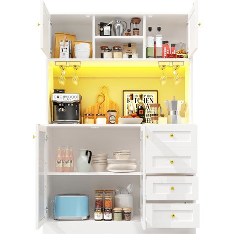 Buffet de Cuisine,Buffet haut cuisine avec 4 portes & 4 Tiroirs & Porte-gobelets,Bande LED Contrôle APP,120×40×188cm,Blanc