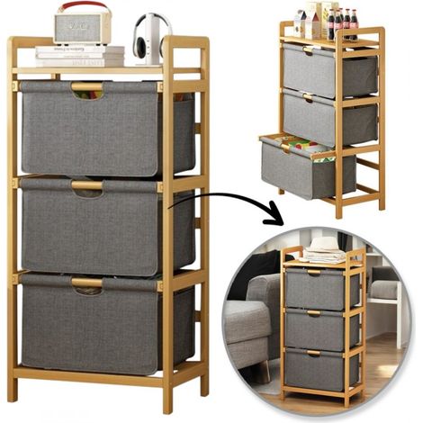 Mobiletto con ripiani in bambù e cassetti in tessuto, 32x45x96 cm. (1/4)