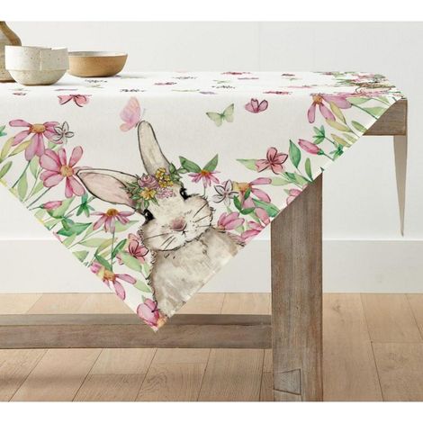 Nappe 100x100 cm avec motif de fleurs roses et lapins, carrée, polyester