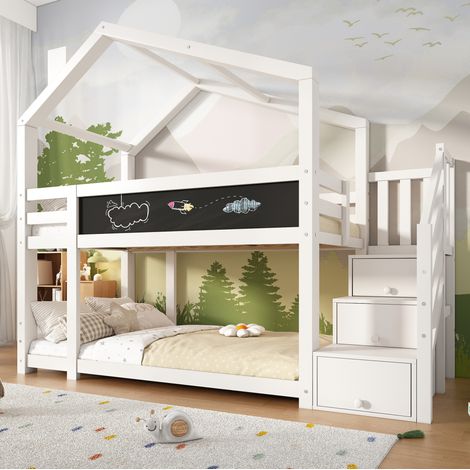 Letto a Castello 90x200 cm a Forma di Casa con Contenitore e Lavagna (1/5)