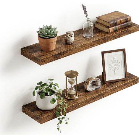 Relaxdays Wall Shelf Set of 2, Floating Shelves for Picture Frames & Decor, H x W x D: 4 x 80 x 20 cm, Industrial, brown (1/5)