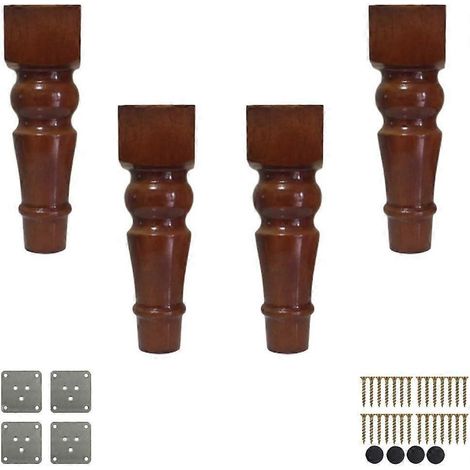4x Massivholz-Möbelbeine, quadratisch, kugelförmig, runde Ersatzfüße für Sofas, inklusive Montageplatte und Schrauben, Gummibaumholz, für Schränke – 25 cm – Braun