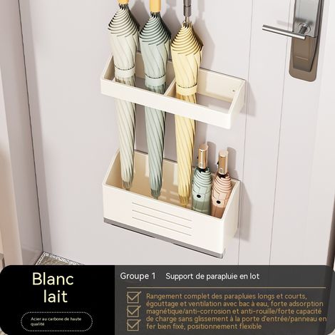 Porte-parapluie magnétique avec bac égouttoir, sans perçage, compatible avec les parapluies à long manche et pliants, en acier au carbone antirouille - blanc