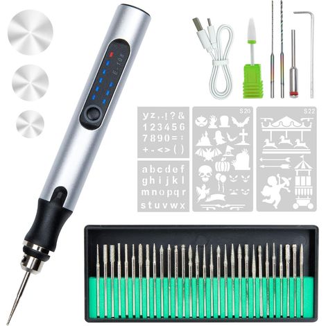 Stylo de Gravure Électrique avec 36 Bits– Graveur Rotatif Rechargeable USB sans Fil, Mini Outil de Gravure Portable pour Métal, Bois, Verre, Plastique, Bijoux et Pierre (Argenté) (1/5)