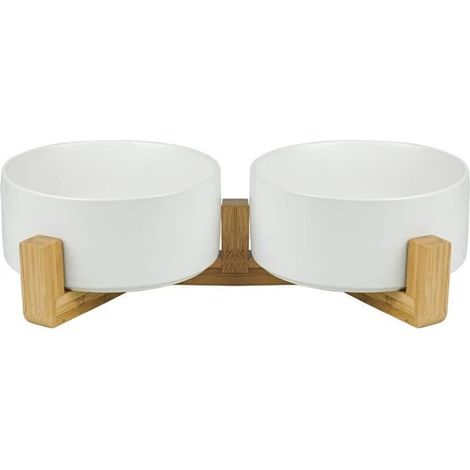 Blanc Pet Gamelles pour Chien et Chat Gamelles Chien Chat Céramique Support Bambou -Va au Lave-Vaisselle et Facile à Nettoyer (2 Bol)-Fei Yu (1/5)