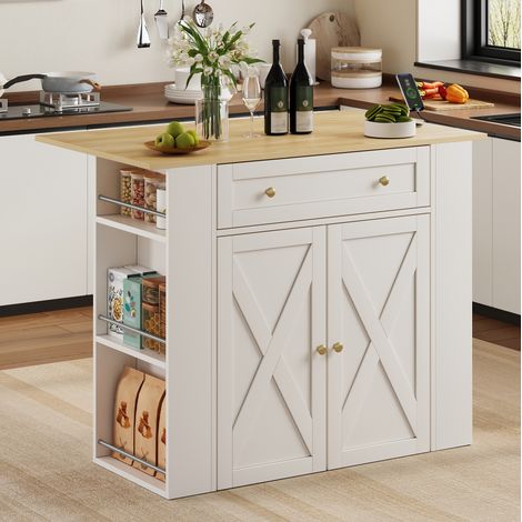 Meuble bar avec plateau rabattable, prises USB et rangements, pour cuisine, 120x75x97 cm, MDF blanc (1/5)