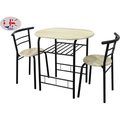 Modern Black And Oak Dining Table and 2 Chairs Set Metal Frame Kitchen