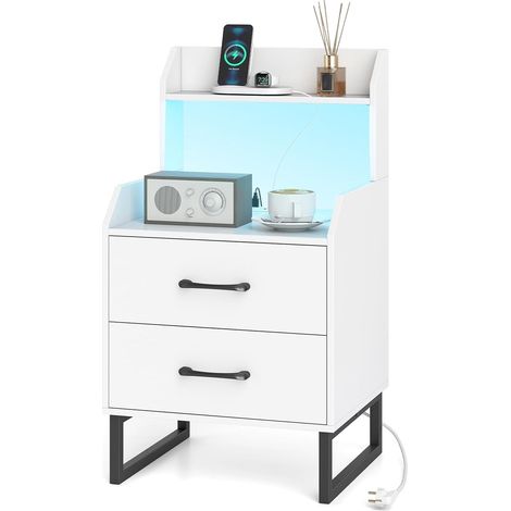 COSTWAY Comodino con presa integrata, comodino LED, porta USB, tipo C, 2 cassetti, ripiano aperto, telecomando a 24 modalità, comodino moderno, per camera da letto, soggiorno, bianco (1/5)