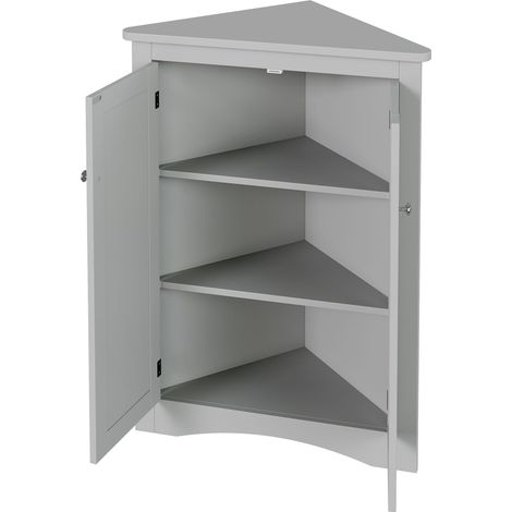 Armoire d'angle grise, 61,5x80 cm, 2 portes, 3 étagères, MDF laqué, gain de place, pour salle de bains, cuisine ou salon (1/5)