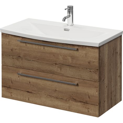 Napoli 390 Tobacco Oak 800mm Wall Mounted 2 Drawer Vanity Unit with Arc Basin - 800mm - Chrome 480mm Handle