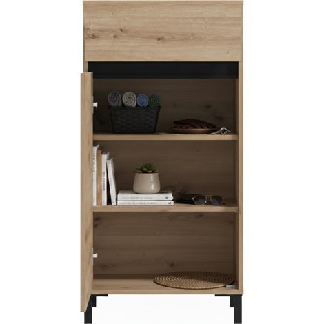 Eingangsmöbel Pollenza, 1 Schublade, 2 Ablagen, 1 Tür, 55x40x110h cm, Braun Knoteneiche