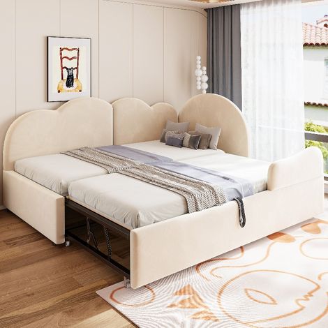 Polsterbett Schlafsofa in L-Form mit Ausziehbett, erweiterbar von 90x200 auf 180x200 cm, Samt Beige, Wolken-Kopfteil, Platzsparendes Gästebett (1/5)
