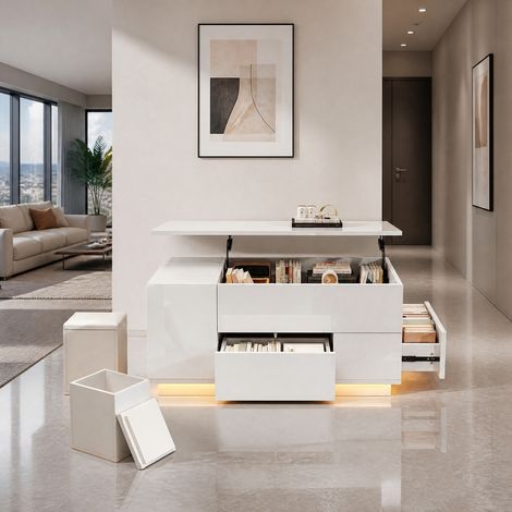 Mesa de centro elevable con LED, 100 x 50 x 45 cm, 2 cajones, 2 taburetes, blanco HAVRYA (1/5)