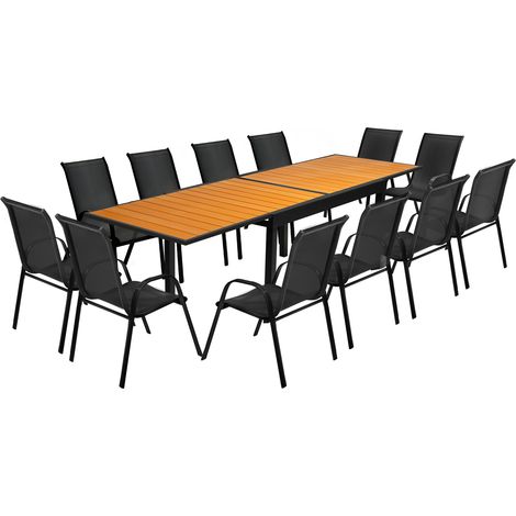 Idmarket – Ensemble table et chaises de jardin extensible 135-270 cm – 12 places – Structure aluminium noir – Plateau composite aspect bois – Chaises empilables en textilène noir