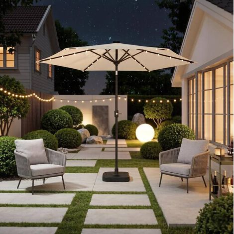 Parasol rond inclinable avec led solaire en fer et polyester beige, manivelle, housse incluse, ø 292 x 247 cm (1/5)