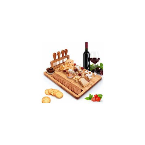 Kaelt - BDD 1 planche à fromage, plateau de service avec 4 couteaux en acier inoxydable, planche à charcuterie en bois massif (14''x11'') (1/5)