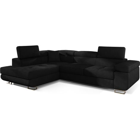 Les Tendances – Canapé d'angle gauche convertible tissu noir 275 cm – Revêtement en tissu italien – Couchage 125x190 cm – Accoudoirs réglables (1/5)