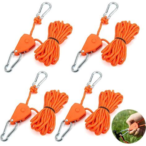 Set of 4 rope ratchets with hook, 4m adjustable rope pulley for hiking tent, orange (1/5)