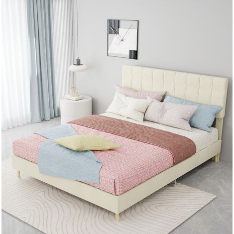 Cama doble moderna de terciopelo beige 140x200 cm con cabecero acolchado de cuadros