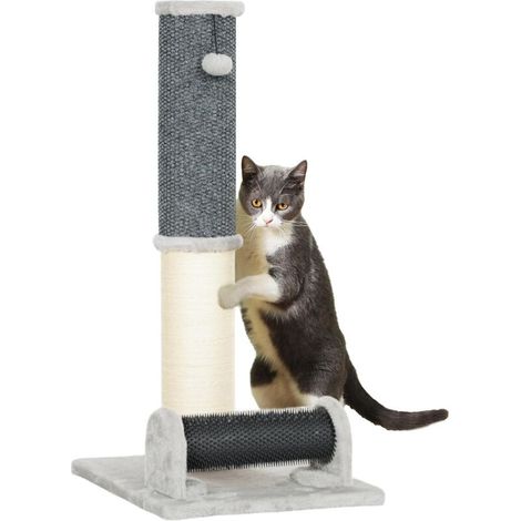Poteau griffoir Chat 86 cm, Poteau à griffer pour Chat 3 en 1, avec Grande Base, Tapis à Motif Ananas, Brosse de toilettage et Balle de Jeu, pour intérieur, Gris Clair (1/4)