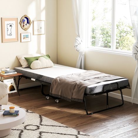 Cama de invitados, cama plegable, cama de viaje con ruedas, colchón, acero, blanco+negro (1/5)