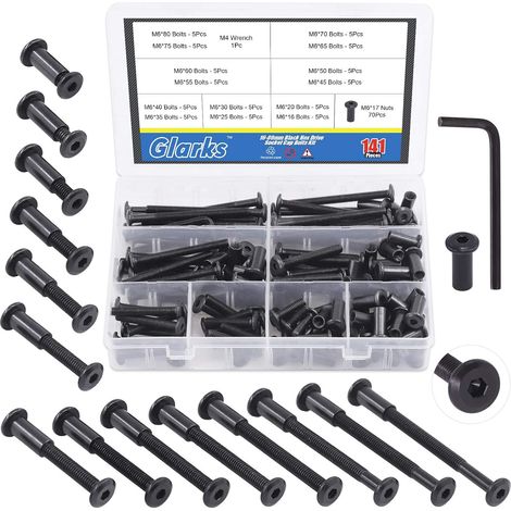 Lot de 141 boulons hexagonaux noirs M6 x 16/20/25/30/35/40/45/50/55/60/65/70/75/80 mm à tête fraisée pour meubles, berceaux, écrous avec une clé Allen pour chaises, tables, armoires (1/5)