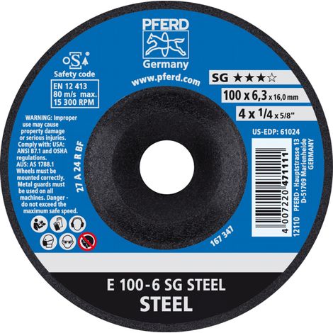 PFERD TOOLS Schruppscheibe E 100x6,3x16 mm Leistungslinie SG STEEL für Stahl 10 Stk