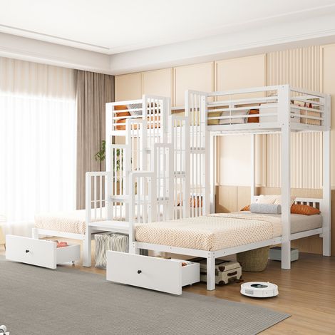 Litera de 3 plazas 90 x 200 cm con escalera, cajones y estructura metálica blanca REDOM (1/5)