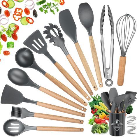 Ustensiles de Cuisine en Silicone,22 PCS Accessoire Cuisine Set sans BPA, Kit d'Ustensiles de Cuisine en Silicone et Bois, Ustensiles Cuisine Antiadhésive Set avec Pot de Rangement, Gris 01 (1/4)