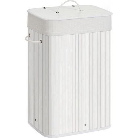 Songmics – Panier à linge en bambou blanc sur pied – Capacité 72 litres – Couvercle et sac en coton amovible – Structure métallique renforcée (1/5)