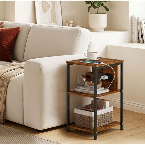 Table d’appoint 34 x 30 x 58 cm avec prise EU, USB et Type-C, 2 étagères ouvertes, bois rustique et métal noir (1/5)