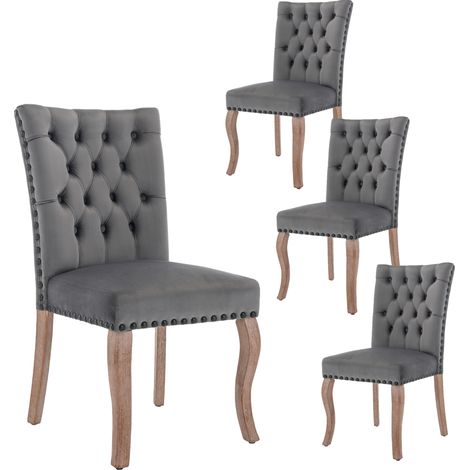 Chaise de salle à manger en velours gris avec pieds en bois massif et décor à clous en cuivre, lot de 4 (1/5)