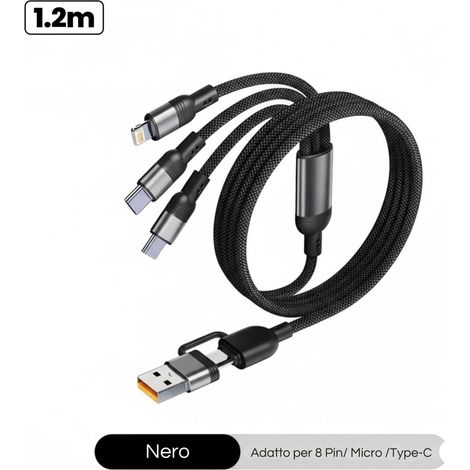Cavo USB Type-A USB Type-C-uscita Type-C-8 PIN-Micro USB- NYLON 1,2 Metri 5 in 1