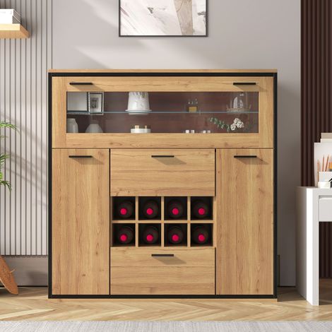 Meuble bar à vin 110 cm bois et noir, 2 portes, porte-bouteilles, étagère en verre et éclairage LED 16 couleurs (1/5)