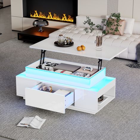 Couchtisch aus Spanplatte 96 x 45 x 40 cm Weiß, höhenverstellbar mit Stauraum und LED (1/5)