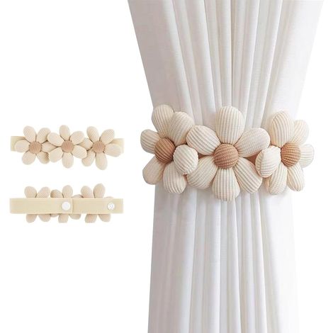 Lot de 2 Embrasse à rideau, Coton lin, Système bouton réglable, Design trois fleurs, Beige, Salon chambre bureau
