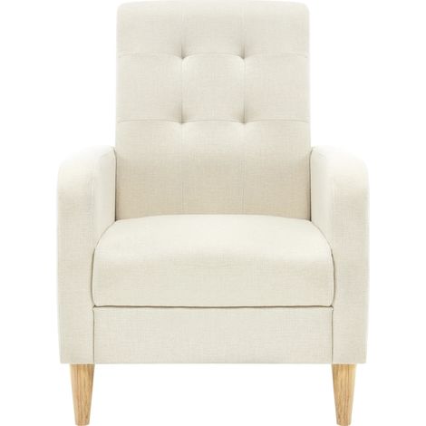 Poltrona da lettura imbottita in lino beige con braccioli e gambe in legno HOMVRA (1/5)